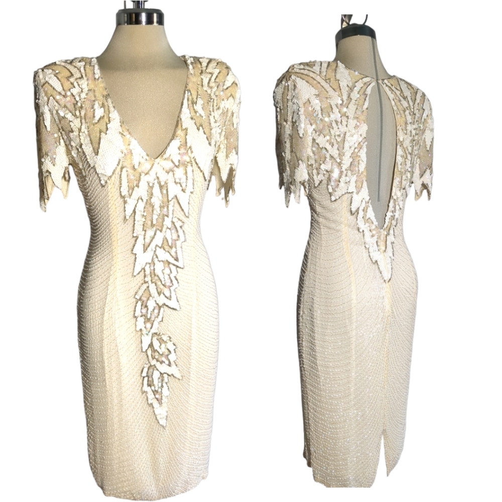 Vintage Designer Sequin Rhinestone Beaded Sequins Custom Dress Size S /M